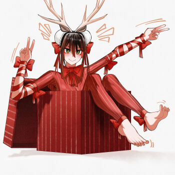 1girl absurdres animal_ears antlers barefoot blush bodysuit bow bow_choker box brown_hair bun_cover choker closed_mouth deer_antlers deer_ears double_v eyeliner fake_animal_ears fake_antlers fate/grand_order fate_(series) feet gift gift_box green_eyes hair_between_eyes hair_bow hair_ornament hands_up highres horns in_box in_container kamisato_sora knees_up looking_at_viewer makeup medium_hair qin_liangyu_(fate) red_bodysuit red_bow red_eyeliner red_ribbon ribbon simple_background smile solo toes v vertical-striped_bodysuit white_background wiggling_toes
