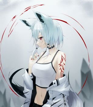 1girl abstract_background absurdres animal_ears animal_tattoo arm_tattoo artist_name belt_collar black_collar black_shorts black_trim breasts cleavage closed_mouth collar commentary commentary_request crystal english_commentary expressionless eyelashes fingernails fox_ears fox_girl from_side hair_between_eyes hair_tubes hand_up highres jacket long_sleeves medium_breasts medium_hair midriff mixed-language_commentary naku_(nash11) nash11 navel off_shoulder open_clothes open_jacket original red_eyes red_nails shorts solo tank_top tattoo twitter_username watermark white_background white_hair white_jacket white_tank_top