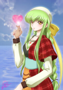 1girl blue_sky bow braid c.c. code_geass commentary_request frilled_shirt_collar frills green_hair hair_between_eyes hair_bow hair_tie hand_up heart highres jewelry kaname_aomame long_hair long_sleeves looking_at_viewer necklace pink_nails sidelocks signature skirt sky smile solo upper_body yellow_eyes
