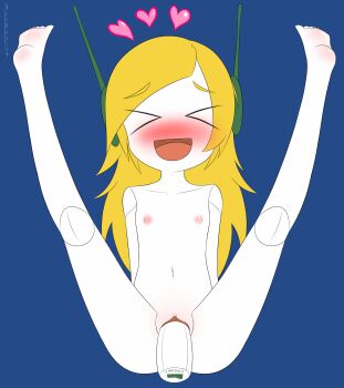 1girl :d absurdres blonde_hair curly_brace doukutsu_monogatari highres loli nioartist nipples nude open_mouth pussy sex_toy smile xd