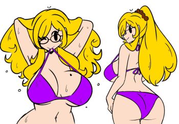1girl arms_behind_head arms_up ass bikini black_eyes blonde_hair breasts from_behind glasses high_ponytail large_breasts long_hair looking_back mole mole_on_breast mouth_hold multiple_views murgoten navel one_eye_closed ponytail purple_bikini scrunchie smile swimsuit wet white_background wink