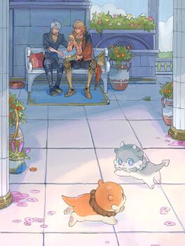 2boys antenna_hair armor armored_boots bench black_boots black_choker black_pants blonde_hair blue_eyes boots bunnyclvb cape chest_tattoo chimera_(honkai:_star_rail) choker closed_mouth commentary day english_commentary flower food gold_armor hair_between_eyes hand_up holding holding_food honkai:_star_rail honkai_(series) jewelry knee_boots looking_at_another looking_at_food male_focus medium_hair multiple_boys mydei_(fig_stew)_(honkai:_star_rail) mydei_(honkai:_star_rail) necklace on_bench open_mouth pants parted_bangs pavement petals phainon_(honkai:_star_rail) phainon_(vigethos)_(honkai:_star_rail) pillar pink_flower plant popped_collar potted_plant purple_flower red_cape red_eyes red_flower red_tattoo short_hair side_cape sitting smile sparkle tattoo toned toned_male white_flower white_hair wide_shot yellow_flower