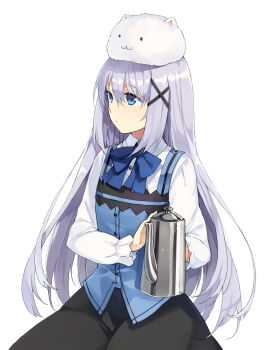 1girl :3 aged_up animal animal_on_head blue_eyes bow coffee_pot commentary female_focus gochuumon_wa_usagi_desu_ka? hair_ornament hair_ribbon hairclip hao_(patinnko) highres kafuu_chino light_purple_hair long_hair long_sleeves on_head rabbit rabbit_house_uniform rabbit_on_head revision ribbon shirt silver_hair skirt solo tippy_(gochiusa) tippy_(gochuumon_wa_usagi_desuka?) very_long_hair vest waitress x_hair_ornament