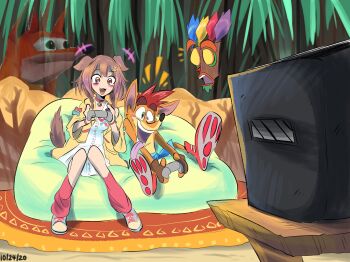 1girl 2boys activision aku_aku animal_ears bare_legs blush bone_hair_ornament brown_eyes brown_hair carpet cello_us colored_sclera controller couch crash_bandicoot crash_bandicoot_(series) dog_ears dog_girl dog_tail dot_nose dress furry green_eyes hair_ornament happy highres holding holding_controller hololive inugami_korone loose_socks matching_hair/eyes meme multiple_boys open_mouth outdoors playing_games shiny_clothes shiny_skin shoes short_hair short_sleeves shorts sitting smile socks surprised table tail teeth television thick_eyebrows tongue tongue_out tree virtual_youtuber white_dress yellow_sclera