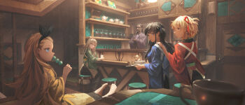 1boy 4girls absurdres apron barefoot beard black-framed_eyewear black_hair black_hairband blonde_hair blue_eyes blue_kimono blue_ribbon bottle closed_mouth coffee_beans coffee_pot commentary crossed_arms cup dango dark-skinned_male dark_skin door drinking_glass eating english_commentary facial_hair food green_kimono hair_between_eyes hair_ribbon hair_slicked_back hairband hand_on_another's_shoulder highres indoors inkrua inoue_takina japanese_clothes kimono kurumi_(lycoris_recoil) long_hair lycoris_recoil mika_(lycoris_recoil) mug multiple_girls nakahara_mizuki nishikigi_chisato parted_lips picture_frame plant plate potted_plant purple_eyes purple_kimono red-framed_eyewear red_eyes red_kimono red_ribbon ribbon shelf sitting standing stool sunlight table teapot teeth wagashi wide_sleeves wine_glass wooden_table yellow_kimono