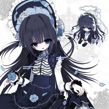 1girl blue_eyes blue_flower blue_rose bone bonnet bouquet dress flower highres holding holding_bouquet lolita_fashion long_sleeves original rose shinai000 simple_background spine white_background