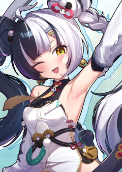 1girl ;d ahoge arm_up armpits bare_shoulders black_hair blush braid breasts brown_eyes commentary_request dialyn_(zenless_zone_zero) dress hair_intakes highres long_hair looking_at_viewer multicolored_hair one_eye_closed open_mouth small_breasts smile solo sweat twintails two-tone_hair uneg very_long_hair white_dress white_hair white_sleeves zenless_zone_zero