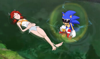 1boy 1girl animal_ears animal_nose barefoot blue_fur closed_eyes closed_mouth cup disposable_cup energy_barrier feather_hair_ornament feathers feet furry furry_male gloves hair_ornament hedgehog_boy joeadok outdoors princess_elise_the_third red_hair red_shoes shoes short_hair smile sonic_(series) sonic_the_hedgehog sonic_the_hedgehog_(2006) sunglasses swimsuit toes water white_gloves