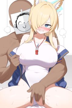 1boy 1girl animal_ear_fluff animal_ears bare_shoulders blonde_hair blue_archive blue_eyes blue_halo blush breasts censored collarbone commentary_request competition_swimsuit covered_navel dog_ears doodle_sensei_(blue_archive) extra_ears fingering fingering_from_behind fingering_through_clothes grabbing_another's_breast groping hair_over_one_eye halo hetero highleg highleg_one-piece_swimsuit highres jacket kanna_(blue_archive) kanna_(swimsuit)_(blue_archive) large_breasts long_hair murasaki3 nipple_rub nipple_stimulation nipple_tweak official_alternate_costume one-piece_swimsuit pussy reach-around sensei_(blue_archive) sharp_teeth simple_background sitting spread_legs sweat swimsuit teeth thighs through_clothes whistle whistle_around_neck white_background white_one-piece_swimsuit
