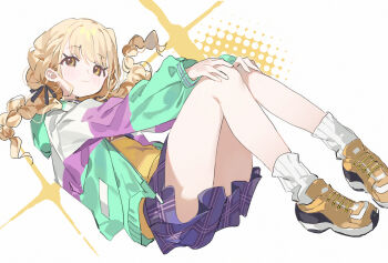 1girl :3 black_ribbon blonde_hair braid brown_eyes closed_mouth fujita_kotone full_body gakuen_idolmaster green_jacket hair_ribbon highres idolmaster jacket knees_up long_hair long_sleeves looking_at_viewer measho miniskirt multicolored_jacket plaid_clothes plaid_skirt pleated_skirt puffy_long_sleeves puffy_sleeves purple_skirt ribbon shirt shoes simple_background skirt sneakers socks solo twin_braids v white_background white_socks yellow_shirt yellow_shoes