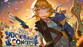 1girl animal aqua_eyes backlighting balloon bandolier belt bird birthday black_dog blonde_hair blue_shirt breast_pocket brown_belt brown_gloves brown_jacket cactus collarbone collared_shirt confetti cropped_jacket crosshair dog doki_amber_doge_(dokibird) dokibird dokibird_(bounty_hunter) double-parted_bangs dragoon_(dokibird) dutch_angle ear_tag egg english_text fang feather_hair flag flag_gun fluffycatfish gloves gun hair_between_eyes hair_ornament handgun happy_birthday hat highres holding holding_animal holding_gun holding_weapon indie_virtual_youtuber jacket musical_note neckerchief number_candle open_clothes open_jacket parted_lips party_hat party_horn pocket red_neckerchief revolver shirt short-sleeved_jacket short_hair short_sleeves skin_fang sky smile solo_focus striped_clothes striped_shirt toy_gun two-sided_fabric two-sided_jacket untucked_shirt upper_body vertical-striped_clothes vertical-striped_shirt virtual_youtuber weapon x_hair_ornament yellow_bird yellow_jacket yellow_sky youtube_video_thumbnail