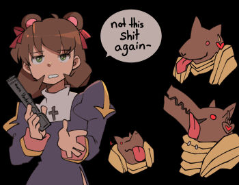 1girl animal_ears anubis_(ragnarok_online) black_background bored bow brown_hair charmwitch commentary cross dress english_commentary english_text fake_animal_ears gameplay_mechanics green_eyes grey_dress hair_bow jackal juliet_sleeves long_sleeves looking_at_viewer monkey_ears priest_(ragnarok_online) profanity puffy_sleeves ragnarok_online red_bow simple_background solo tongue tongue_out upper_body