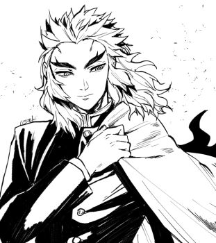 Rule 34 | 1boy, artist name, buttons, cape, closed mouth, clothes grab, colored tips, commentary request, demon slayer uniform, floating hair, forked eyebrows, greyscale, hand up, hashimoto (yanagi-momo), jacket, kimetsu no yaiba, long hair, long sleeves, looking at viewer, looking down, male focus, medium hair, monochrome, multicolored hair, rengoku kyoujurou, signature, simple background, smile, solo, streaked hair, thick eyebrows, twitter username, two-tone hair, upper body, white background, wind