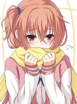 Rule 34 | 1230 mochi, 1girl, absurdres, alternate hairstyle, blue bow, blue bowtie, blue scrunchie, blush, bow, bowtie, clenched hands, closed mouth, clothes grab, commentary request, covered mouth, crossed bangs, enpera, eyelashes, flying sweatdrops, furrowed brow, hair between eyes, hair ornament, hair scrunchie, hands up, highres, inaba meguru, jacket, letterman jacket, long hair, looking to the side, neckwear grab, one side up, orange hair, pink jacket, red eyes, sanoba witch, scarf, scarf grab, school uniform, scrunchie, shy, simple background, sleeves past wrists, solo, upper body, very long hair, white background, white sleeves, yellow scarf