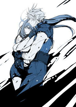 Rule 34 | 1boy, 1girl, armor, arms around waist, battle damage, closed mouth, cloud strife, commentary request, earrings, feet out of frame, final fantasy, final fantasy vii, floating hair, from side, gloves, hug, hug from behind, jewelry, long hair, miniskirt, momokoinu, pants, parted lips, profile, ribbed sweater, short hair, shoulder armor, skirt, sleeveless, sleeveless turtleneck, spiked hair, stud earrings, sweater, tifa lockhart, turtleneck, turtleneck sweater, white background