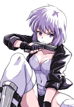 Rule 34 | 1girl, between legs, black gloves, black jacket, breasts, cleavage, collarbone, commentary, covered navel, fingerless gloves, ghost in the shell, gloves, gun, hand between legs, handgun, highres, holding, holding gun, holding weapon, ikaringo (ikaringo4444), jacket, kusanagi motoko, leotard, open clothes, open jacket, purple eyes, purple hair, short hair, simple background, sitting, solo, thighhighs, v-shaped eyebrows, weapon, white background, white thighhighs