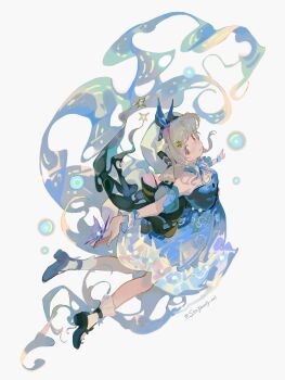 1girl absurdres ankle_socks back_bow beads beret black_bow black_shoes blonde_hair bloomers blue_bloomers blue_bow blue_bowtie blue_butterfly blue_choker blue_dress blue_sleeves blue_wrist_cuffs bow bow_choker bowtie brown_eyes bubble bubble_print bubbly_voyage_(infinity_nikki) bug butterfly butterfly_on_hand choker closed_mouth collared_dress commentary detached_sleeves dress floating floating_clothes floating_hair frilled_dress frilled_sleeves frilled_socks frilled_wrist_cuffs frills full_body grey_background hair_ornament hair_rings hairclip happy hat hat_bow hat_ornament highres infinity_nikki insect looking_at_viewer mary_janes medium_dress nikki_(series) outstretched_arm print_dress rabbit_hair_ornament sanyang003 see-through_clothes see-through_dress shoes short_hair short_sleeves sidelocks simple_background smile socks solo star_(symbol) star_hat_ornament strapless strapless_dress striped_clothes striped_dress tareme twitter_username underwear vertical-striped_clothes vertical-striped_dress white_hat white_socks wrist_cuffs