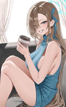 1girl absurdres alternate_costume asuna_(blue_archive) blonde_hair blue_archive blue_eyes blue_halo blue_sweater breasts cup disposable_coffee_cup disposable_cup dress halo highres holding holding_cup kono_(xerondan321) large_breasts long_hair sideboob sitting smile solo sweater sweater_dress thighs turtleneck turtleneck_sweater very_long_hair
