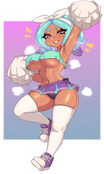 1girl arm_up armpits black_panties blue_background blue_hair border breasts cheerleader crop_top dark-skinned_female dark_skin gradient_background gradient_hair inkling_girl inkling_player_character large_breasts looking_at_viewer miniskirt multicolored_hair navel nintendo no_bra panties pink_background pleated_skirt pom_pom_(cheerleading) purple_eyes purple_hair shnibbles shoes side-tie_panties skirt sleeveless smile sneakers solo splatoon_(series) standing standing_on_one_leg steaming_body sweat tentacle_hair thighhighs underboob underwear white_border white_thighhighs