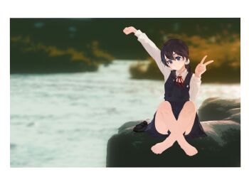 1girl absurdres ahoge arm_up bare_legs barefoot black_hair black_skirt blue_eyes blurry blurry_background blush border chinese_commentary closed_mouth collared_shirt commentary_request crossed_ankles day double-parted_bangs dress feet full_body hair_between_eyes hair_ornament hand_up highres kitashirakawa_tamako knees_up legs liang_zhu_chuan long_sleeves looking_at_viewer outdoors pinafore_dress pleated_skirt school_uniform shirt shoes sitting skirt sleeveless sleeveless_dress smile socks solo tamako_market toenails toes twintails unworn_shoes unworn_socks v white_border