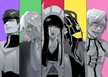 1girl 4boys :d aizen_sousuke bankai black_kimono bleach bleach:_sennen_kessen-hen bodysuit chinese_commentary colored_teeth commentary crescent crescent_hair_ornament eyebrows_hidden_by_hair eyelashes eyepatch frown glasses green_eyes greyscale_with_colored_background grin hair_between_eyes hair_ornament haori highres japanese_clothes kannonbiraki_benihime_aratame_(bankai) kimono kurotsuchi_mayuri limited_palette lips looking_ahead looking_at_viewer makeup male_focus mature_female mature_male medium_hair multiple_boys no_headwear nose one_eye_covered open_mouth parted_lips periq5xg pink_eyes purple_eyes red_eyes short_hair shutara_senjumaru simple_background smile spiked_hair stitched_face stitches sweatdrop szayelaporro_granz taichou_haori teeth trait_connection tsurime upper_body urahara_kisuke v-shaped_eyebrows yellow_eyes yellow_teeth