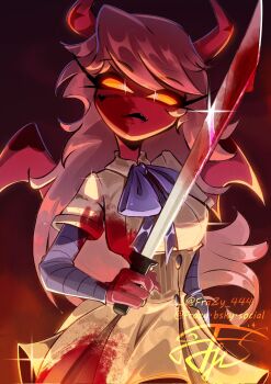 1girl blood blood_on_clothes blood_on_face bloody_weapon colored_skin cosplay demon_girl demon_horns frazy_444 highres holding holding_sword holding_weapon horns looking_at_viewer m3gan m3gan_(character) m3gan_(character)_(cosplay) neck_ribbon pink_skin ribbon solo sword verosika_mayday weapon yellow_eyes