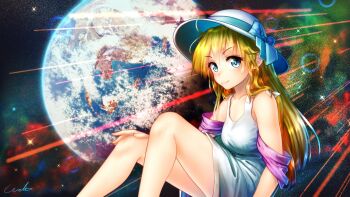 Rule 34 | 1girl, blonde hair, blue eyes, danmaku, dress, female focus, highres, long hair, marie (seihou), seihou, shawl, sitting, smile, solo, welt (kinsei koutenkyoku), white dress