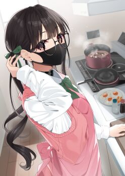1girl apron black_choker black_hair black_mask boiling borumete brown_eyes choker cooking cooking_pot double-parted_bangs ear_ornament earrings egg fried_egg frying_pan green_ribbon hand_on_table highres indoors jewelry kitchen light_rays long_hair long_sleeves looking_at_viewer low_twintails mask mouth_mask original pink_apron pink_sweater_vest ribbon salt_shaker shirt solo soy_sauce stove stud_earrings sunlight sweater_vest twintails white_shirt