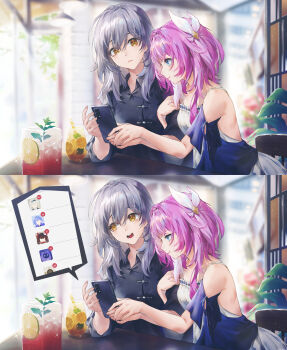 2girls :t absurdres alternate_costume arm_hug averting_eyes bare_shoulders black_shirt blue_eyes cafe cellphone closed_mouth cup cyrene_(aedes_elysiae)_(honkai:_star_rail) cyrene_(honkai:_star_rail) dress drinking_glass firefly_(honkai:_star_rail) grey_hair hair_between_eyes hair_ornament herta_(honkai:_star_rail) herta_(simulated_universe_avatar)_(honkai:_star_rail) highres holding holding_phone honkai:_star_rail honkai_(series) indoors juice long_hair missing_commentary multiple_girls open_mouth phone pink_hair pout robin_(honkai:_star_rail) shirt smartphone smile sparkle_(honkai:_star_rail) stelle_(honkai:_star_rail) swkl:d trailblazer_(honkai:_star_rail) white_dress yellow_eyes