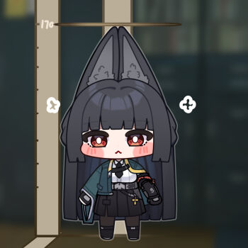 1girl :&lt; animal_ear_fluff animal_ears aqua_jacket arm_out_of_sleeve black_hair black_necktie black_skirt blunt_bangs blurry blurry_background blush brown_pantyhose chibi chibi_only fingerless_gloves fox_ears fox_girl full_body gauntlets gloves height_chart high-waist_skirt hoshimi_miyabi jacket ldd.ek long_hair looking_at_viewer measuring necktie pantyhose red_eyes shirt single_fingerless_glove single_gauntlet skirt solo white_shirt zenless_zone_zero