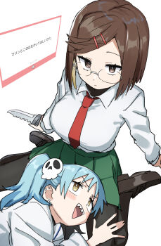 2girls blue_hair breasts brown_eyes brown_hair closed_mouth commentary_request gazacy_(dai) glasses green_skirt hair_ornament highres izutsumi_marin knife koga_konoha large_breasts looking_at_viewer multiple_girls necktie ninja_to_koroshiya_no_futarigurashi pleated_skirt red_necktie school_uniform sharp_teeth shirt simple_background sitting skirt skull_hair_ornament swept_bangs teeth translation_request white_background white_shirt yellow_eyes
