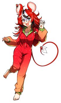 1girl absurdres animal_ear_fluff babydoll barefoot black_hair blue_eyes bow braid cleavage_cutout clothing_cutout commentary ddolbang fangs feet food fruit hair_between_eyes hakos_baelz hakos_baelz_(strawberry_onesie) highres hololive hololive_english hood hood_down hooded_pajamas jewelry mouse_tail multicolored_hair necklace official_alternate_costume pajamas polka_dot_babydoll red_hair red_pajamas sharp_teeth smile strawberry tail tail_bow tail_ornament teeth toenails toes transparent_background virtual_youtuber white_hair yellow_bow
