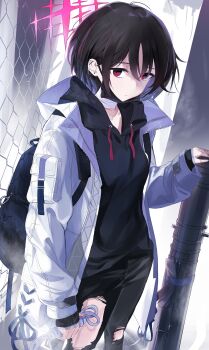 1girl absurdres artist_name backpack bag bandaged_neck bandages barbell_piercing black_hair black_hoodie black_mask black_pants blue_archive candy_moon777 chain-link_fence closed_mouth commentary_request ear_piercing expressionless feet_out_of_frame fence fim-92_stinger fog halo highres holding holding_rope hood hoodie industrial_piercing jacket long_sleeves looking_at_viewer mask mask_pull misaki_(blue_archive) mouth_mask pants piercing red_eyes red_halo rocket_launcher rope scar scar_on_neck short_hair sleeves_past_wrists solo surgical_mask torn_clothes torn_pants twitter_username weapon white_jacket