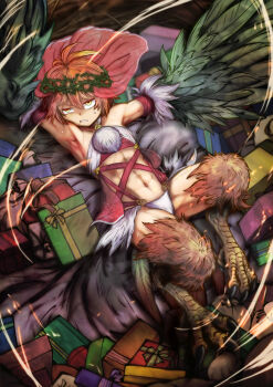 1girl bird_legs bird_nest bird_tail box clothing_cutout commentary_request crown_of_thorns feathered_wings feathers gift gift_box green_feathers green_wings half-closed_eyes harpy highres monster_girl navel original red_veil solo stomach_cutout sur_plus_26 tail talons veil winged_arms wings yellow_eyes