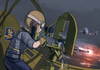 .50_bmg 1girl airplane_interior ammunition ammunition_belt anti-materiel_cartridge battle blue_pants blue_shirt browning_m2 call_of_duty call_of_duty:_world_at_war casing_ejection commission erica_(naze1940) fire firing goggles gun gun_shield heavy_machine_gun helmet highres hmg_cartridge holding holding_gun holding_weapon imperial_japanese_navy japanese_flag life_vest looking_afar machine_gun manually-operated_mounted_gun military military_uniform military_vehicle muzzle_flash naval_uniform naval_working_uniform night night_sky ocean pants pby_catalina pilot_helmet rifle_cartridge second-party_source shell_casing ship shirt sky smoke torpedo_boat united_states_navy vehicle_interior warship watercraft weapon world_war_ii