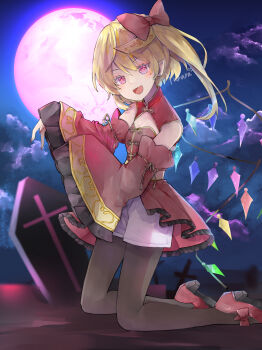 1girl absurdres alternate_costume artist_name black_pantyhose blonde_hair blush bow breasts cloud coffin commentary_request crystal crystal_wings detached_sleeves fang flandre_scarlet frilled_sleeves frills full_moon hair_bow halloween_costume high_heels highres jiangshi_costume kneeling looking_at_viewer minatsuki_yurara moon multicolored_wings night night_sky ofuda ofuda_on_head one_side_up open_mouth outstretched_arms pantyhose pointy_ears purple_moon red_bow red_eyes red_nails red_shoes shoes shorts skin_fang sky small_breasts smile solo touhou white_shorts wide_sleeves wings zombie_pose