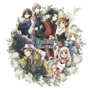 4boys 4girls agnea_bristarni bare_arms beard black_corset black_hair black_hairband black_shirt blonde_hair blue_capelet blue_eyes blunt_bangs breasts brown_hair capelet castti_florenz cloak closed_mouth coat coat_on_shoulders collared_shirt corset facial_hair facial_mark fedora floral_border flower gloves grey_coat grey_eyes grey_hair grey_vest grin hair_bun hair_flower hair_ornament hair_over_one_eye hairband hand_on_headwear hand_on_own_chest hand_on_own_chin hand_to_own_mouth hand_up hat hikari_ku japanese_clothes large_breasts long_hair medium_breasts multiple_boys multiple_girls mustache necktie nurse nurse_cap ochette_(octopath_traveler) octopath_traveler octopath_traveler_ii open_mouth osvald_v._vanstein partitio_yellowil ponytail red_flower red_rose red_tunic rose satsuki_(chaosmode) shirt short_hair sidelocks smile striped_necktie swept_bangs teeth temenos_mistral throne_anguis tunic vest waistcoat wavy_hair white_background white_cloak white_gloves white_hair white_shirt yellow_coat