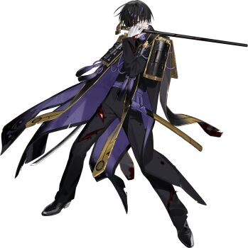 1boy armor asymmetrical_dual_wielding atakigiri_(touken_ranbu) belt black_coat black_hair black_scarf black_shirt black_shoes blood blood_on_armor blood_on_clothes blood_on_face blood_on_hands bloody_weapon buttons cane clenched_teeth coat coattails collar dress_shoes dual_wielding fighting_stance floating_clothes floating_scarf full_body furrowed_brow gloves gold_trim gradient_scarf hair_over_eyes high_collar highres holding holding_cane holding_sword holding_weapon itefu japanese_armor katana long_coat long_sleeves looking_to_the_side male_focus multicolored_coat official_art open_clothes open_coat pale_skin pants pauldrons print_coat print_scarf purple_belt purple_coat purple_collar purple_eyes purple_rope rope scabbard scarf scratches sheath shirt shoes short_hair shoulder_armor sode solo standing stole sword tachi-e tailcoat tassel teeth third-party_source torn_clothes torn_coat torn_pants touken_ranbu transparent_background two-tone_coat uchigatana unsheathed variant_set weapon white_gloves yellow_scarf