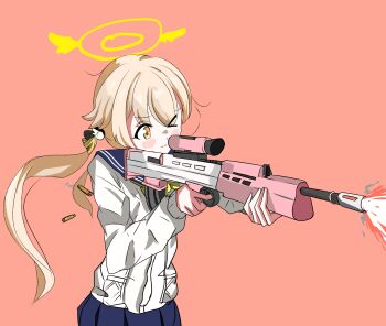 absurdres aiming ar16 assault_rifle blonde_hair blue_archive bullpup casing_ejection firing gun hair_ornament halo hifumi_(blue_archive) highres muzzle_flash orange_eyes rifle school_uniform shell_casing skirt twintails weapon