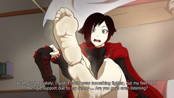 1girl absurdres barefoot black_hair cape corset english_text feet_up foot_focus highres indoors kiryu_(pixiv44966832) legs_up multicolored_hair red_cape ruby_rose rwby shoes sitting skirt soles solo steaming_body toes unworn_shoes