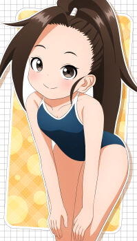 1girl bare_arms bare_legs bare_shoulders bent_over black_eyes black_hair closed_mouth collarbone dot_nose feet_out_of_frame female_focus ishigakiseiya kunoichi_tsubaki_no_mune_no_uchi legs long_hair looking_at_viewer one-piece_swimsuit ponytail smile solo swimsuit thighs tsubaki_(kunoichi_tsubaki_no_mune_no_uchi)