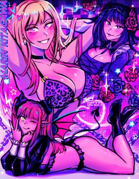 1girl armpits artist_name bikini black_hair blonde_hair breasts chain character_name choker commentary demon_horns demon_tail demon_wings earrings flower heart horns iahfy jewelry kitagawa_marin kuroe_shizuku large_breasts long_hair looking_at_viewer multiple_views one_eye_closed patreon_username pink_eyes pink_hair pointy_ears purple_eyes rizu-kyun rose smile sono_bisque_doll_wa_koi_wo_suru sparkle swimsuit symbol-only_commentary tail twitter_username watermark wings yellow_eyes