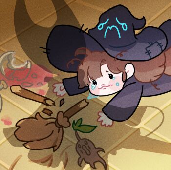 Rule 34 | apu spills his tendies (meme), broken broom, brown hair, crying, hat, hollow knight, hollow knight: silksong, hornet (hollow knight), little witch in the woods, mandragora, meme, shadow, witch hat