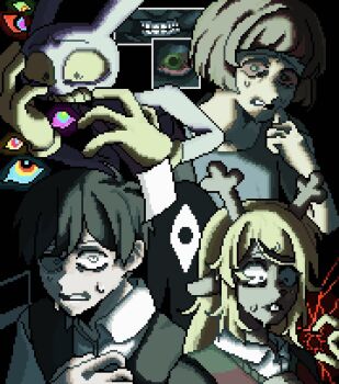 2boys 2girls 9aaaalt29 abstraction_(the_amazing_digital_circus) animal_ears antenna_hair antlers bare_arms bare_shoulders black_background black_eyes black_hair black_sweater_vest blonde_hair blue_shirt blunt_bangs brown_hair buck_teeth cashier_girl_(no_i'm_not_a_human) clenched_teeth collarbone collared_shirt colored_sclera colored_skin colored_teeth commentary_request dark-skinned_female dark_skin deer_antlers deer_ears deer_girl deltarune double-parted_bangs fewer_digits finger_to_cheek furry furry_female furry_male gloves green_eyes grid_teeth hair_behind_ear hair_between_eyes hand_on_own_cheek hand_on_own_chest hand_on_own_face hand_up hands_up highres horns jax_(the_amazing_digital_circus) long_hair looking_at_viewer looking_down multiple_boys multiple_girls no_i'm_not_a_human noelle_holiday official_alternate_eye_color omori overalls pink_overalls pixel_art purple_skin rabbit_boy red_sclera scared shaded_face shirt short_bangs short_hair short_sleeves simple_background something_(omori) sunny_(omori) sweat sweater_vest t-shirt teeth the_amazing_digital_circus trait_connection upper_body utdr_(toby_fox) very_short_hair white_eyes white_shirt wide-eyed yellow_gloves yellow_sclera yellow_teeth