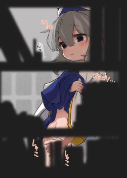 1girl black_eyes blurry blurry_foreground blush clothes_lift commentary_request convenient_censoring erection futanari futanari_masturbation grey_hair hat heavy_breathing highres japanese_clothes long_sleeves masturbation mononobe_no_futo penis stealth_masturbation sweat tate_eboshi testicles touhou uisu_(noguchipint) wide_sleeves