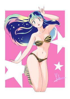 1girl :d \n/ absurdres animal_print arm_up armpits artist_name bikini blue_eyeshadow border breasts cleavage commentary cone_horns eyeshadow feet_up floating_hair full_body green_eyes green_hair highres horns kneehighs long_sidelocks lum makeup medium_breasts multicolored_hair navel no_shoes oni open_mouth outside_border pink_background print_bikini print_socks sidelocks signature smile socks solo star_(symbol) strapless strapless_bikini swimsuit thighs tiger_print urusei_yatsura white_border yoshinaga_masahiro