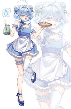 Rule 34 | 1girl, @ @, absurdres, ahoge, alternate costume, alternate hairstyle, apron, armband, blue bow, blue dress, blue eyes, blue footwear, blue hair, blue ribbon, blver, bow, breasts, cleavage, cleavage cutout, clothing cutout, commentary request, double bun, dress, drop-shaped pupils, dumpling, enmaided, eyes visible through hair, food, frilled apron, frilled armband, frilled dress, frills, furina (genshin impact), genshin impact, hair bun, hair over one eye, hair ribbon, heterochromia, high heels, highres, holding, holding teapot, holding tray, leg up, light blue hair, looking at viewer, maid, mismatched pupils, multicolored hair, open mouth, ribbon, short hair with long locks, single bare shoulder, single sleeve, single thighhigh, small breasts, streaked hair, symbol-shaped pupils, teapot, thigh strap, thighhighs, tray, waist apron, white apron, white armband, white background, white hair, white thighhighs, zoom layer
