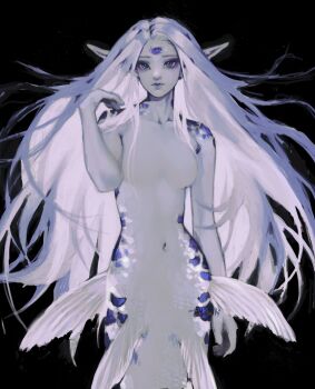 1girl absurdres blue_eyes expressionless eyeshadow facial_mark floating_hair forehead_mark glowing glowing_hair hand_up highres koi limited_palette long_hair looking_at_viewer makeup mermaid monster_girl nude original pointy_ears purple_eyeshadow scales solo twulfs very_long_hair white_hair
