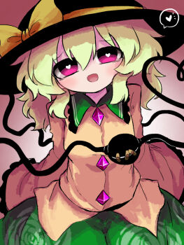 1girl alternate_eye_color bandaid black_hat bow buttons collared_shirt commentary_request diamond_button floral_print green_hair green_skirt hair_between_eyes hat hat_bow heart heart-shaped_pupils heart_of_string heripantomorrow komeiji_koishi long_sleeves looking_at_viewer medium_hair open_mouth pink_eyes rose_print shirt skirt smile solo standing symbol-shaped_pupils third_eye third_eye_closed touhou upper_body yellow_bow yellow_shirt