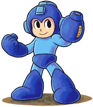 1boy android arm_cannon black_eyes blue_helmet bodysuit clenched_hand helmet highres male_focus mario_&amp;_luigi_rpg mario_(series) masanori_sato_(style) mast3r-rainb0w mega_man_(character) mega_man_(classic) mega_man_(series) nintendo robot simple_background smile standing weapon white_background